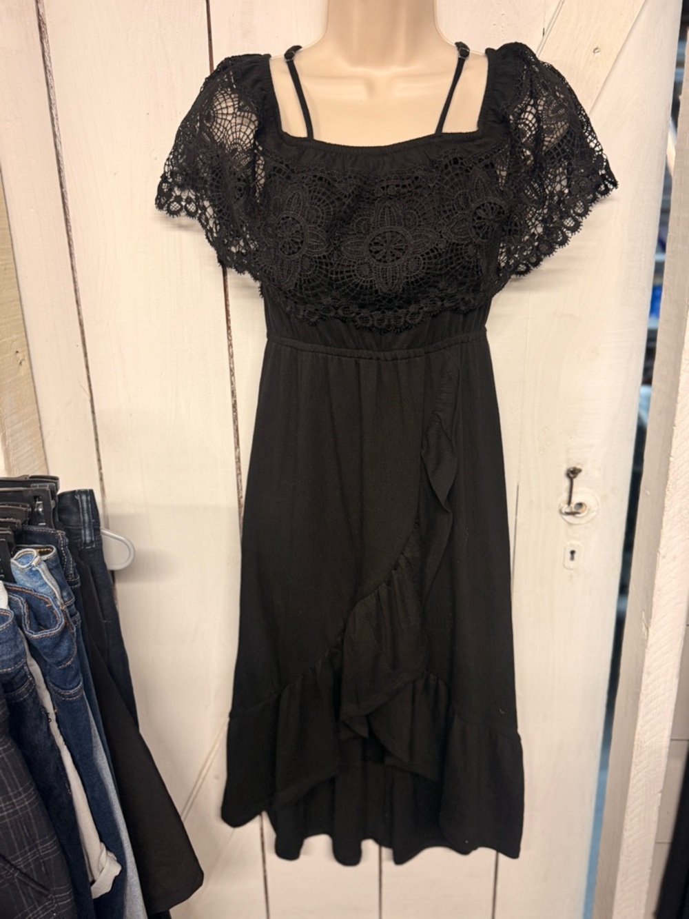 No Boundaries Black Crochet Yoke Midi Dress